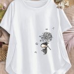 Crew Neck Casual T-Shirt with Cartoon Puffball Fairy | Springu002FSummer, Soft Breathable Short Sleeves, Trendy Hem, Machine Washable, Loose Fit, Fun Design